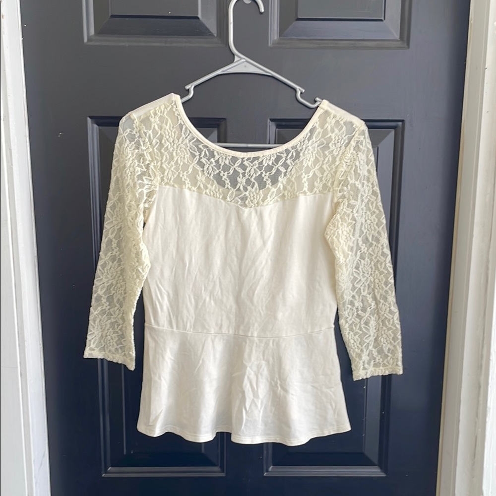 Express Cream Peplum Blouse with 3/4 Sleeves